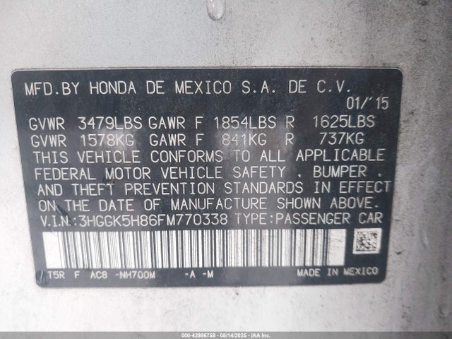 3HGGK5H86FM770338 Honda l15b1