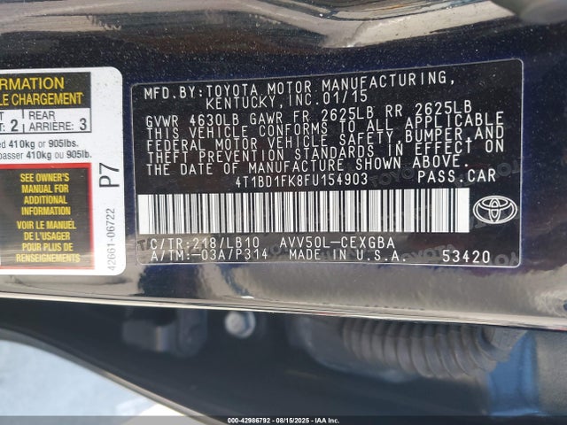 4T1BD1FK8FU154903 Toyota 2ar-fxe+2jm
