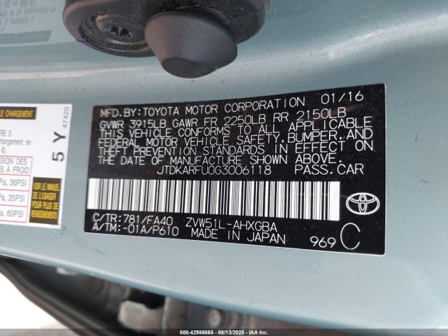 JTDKARFU0G3006118 Toyota 2zr-fxe,1nm