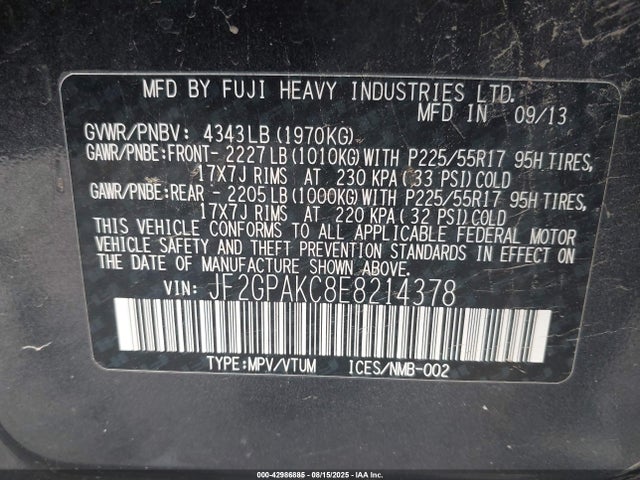 JF2GPAKC8E8214378 Subaru 2.0l na