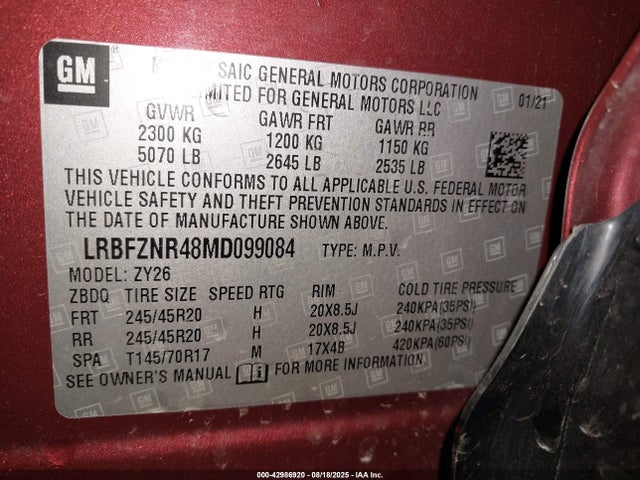 Aukcja sprzedaży 2021 Buick Envision Fwd Essence, vin: LRBFZNR48MD099084, numer aukcji: 42986920