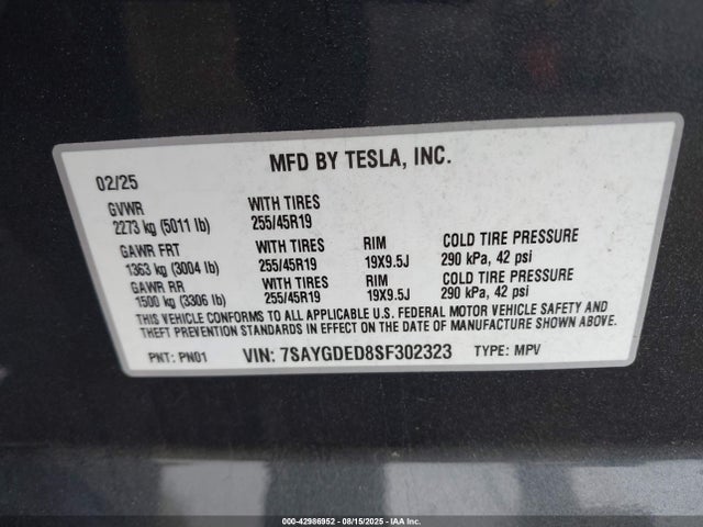 2025 TESLA MODEL Y 7SAYGDED8SF302323 Photo 8