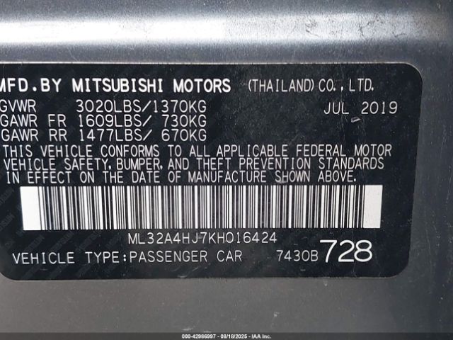 2019 MITSUBISHI MIRAGE ML32A4HJ7KH016424 Photo 8