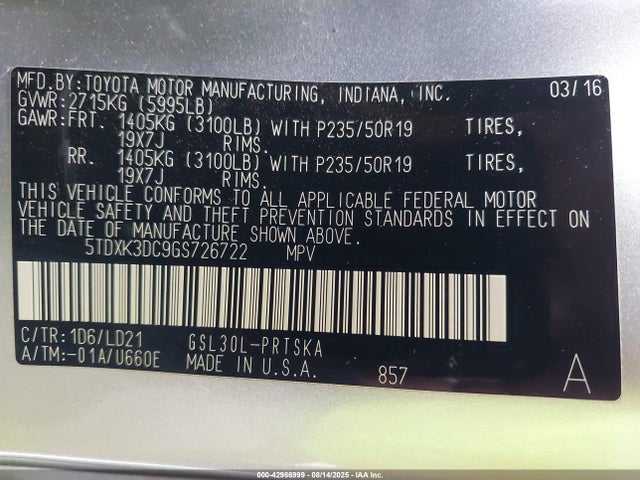 5TDXK3DC9GS726722 Toyota 2gr-fks