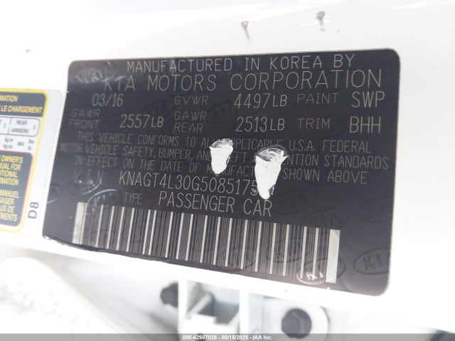 42987038 :رقم المزاد ، KNAGT4L30G5085175 vin ، 2016 Kia Optima Lx مزاد بيع