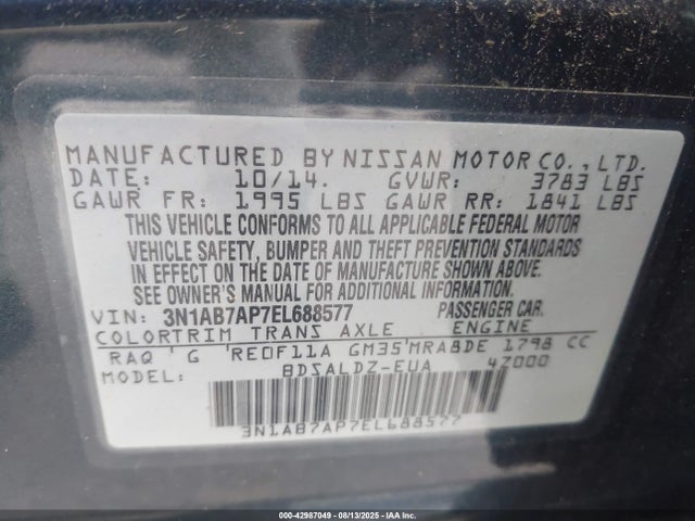 2014 Nissan Sentra Sv მანქანა იყიდება აუქციონზე, vin: 3N1AB7AP7EL688577, აუქციონის ნომერი: 42987049