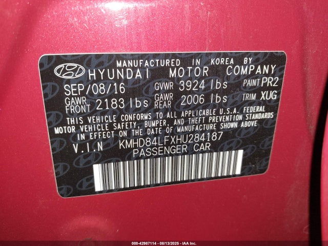 KMHD84LFXHU284187 Hyundai Elantra