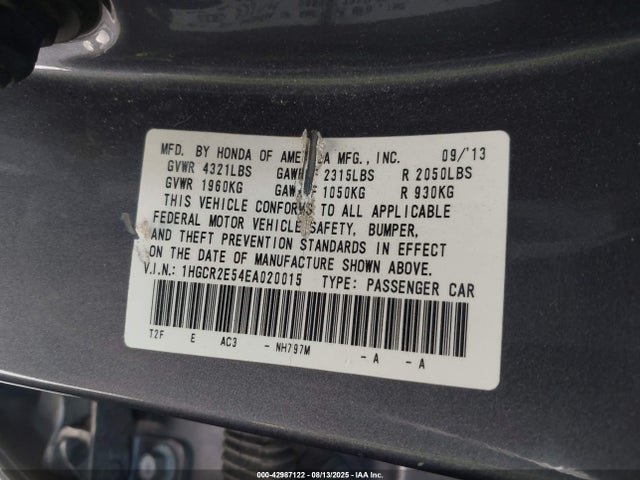 Honda k24w1 2014 1HGCR2E54EA020015 Image 9
