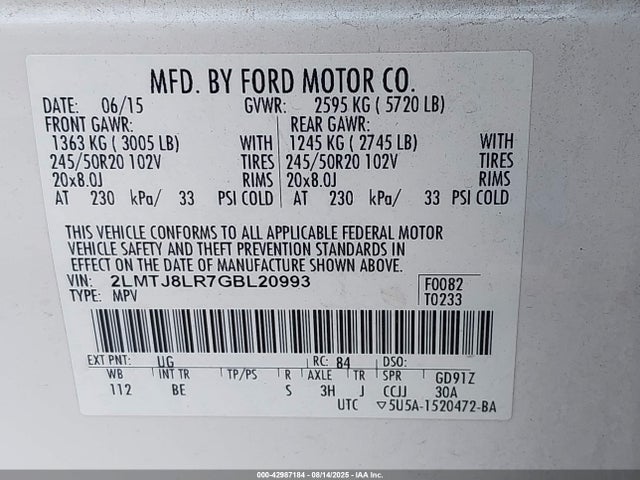 2LMTJ8LR7GBL20993 Lincoln MKX