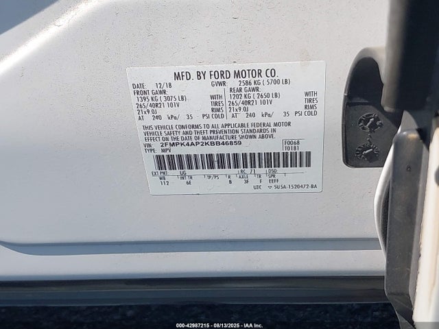 2FMPK4AP2KBB46859 Ford 2.7l gtdi w/premium fuel