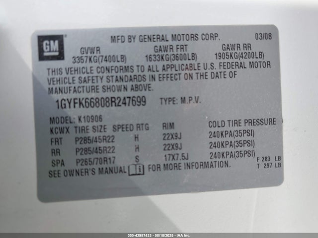2008 CADILLAC ESCALADE ESV 1GYFK66808R247699 Photo 8