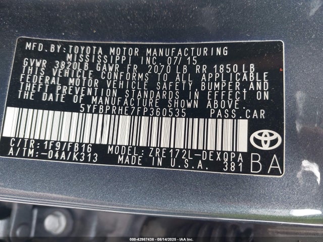 5YFBPRHE7FP360535 Toyota 2zr-fae