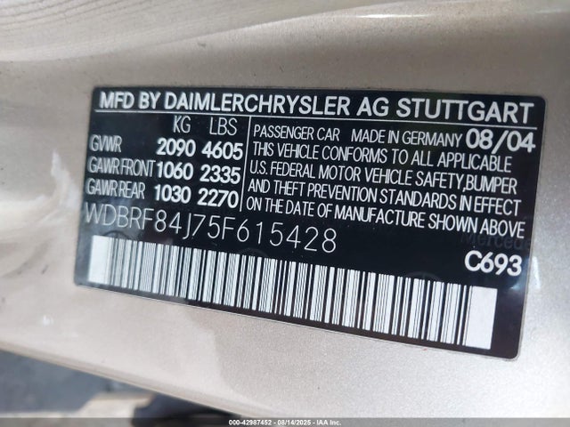 Aukcja sprzedaży 2005 Mercedes-benz C 320 Luxury 4matic, vin: WDBRF84J75F615428, numer aukcji: 42987452