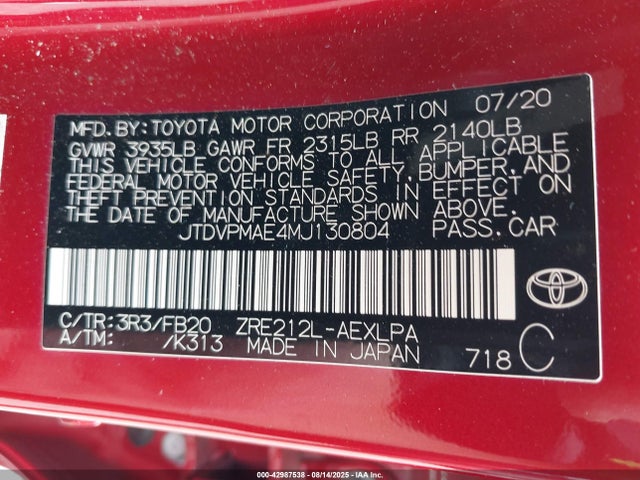 JTDVPMAE4MJ130804 Toyota 2zr-fae