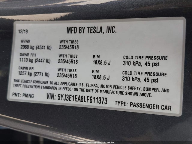 2020 TESLA MODEL 3 5YJ3E1EA8LF611373 Photo 8
