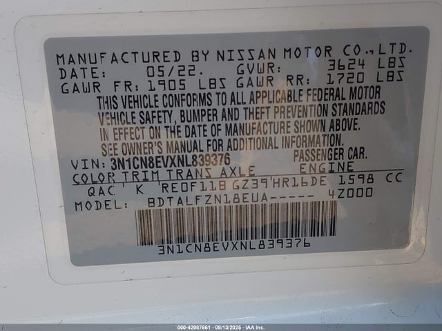 3N1CN8EVXNL839376 Nissan 2022