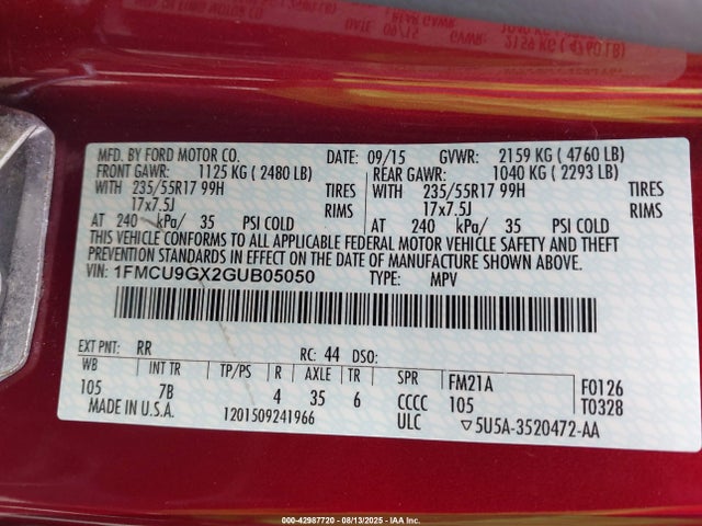 1FMCU9GX2GUB05050 Ford Escape