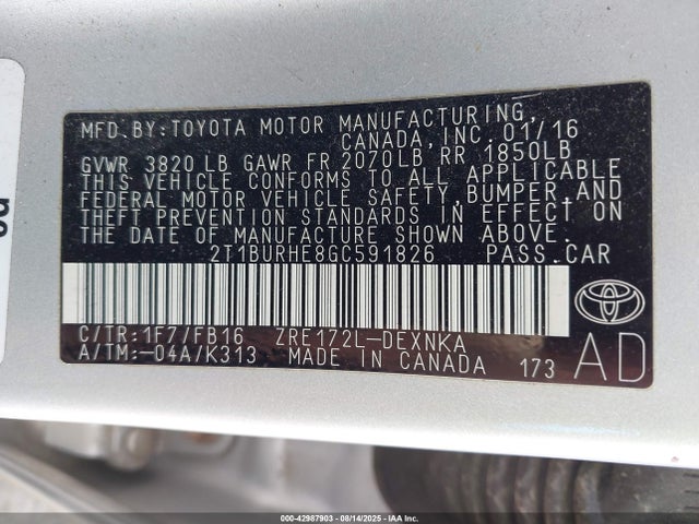 Toyota 2zr-fe 2016 2T1BURHE8GC591826 Image 9