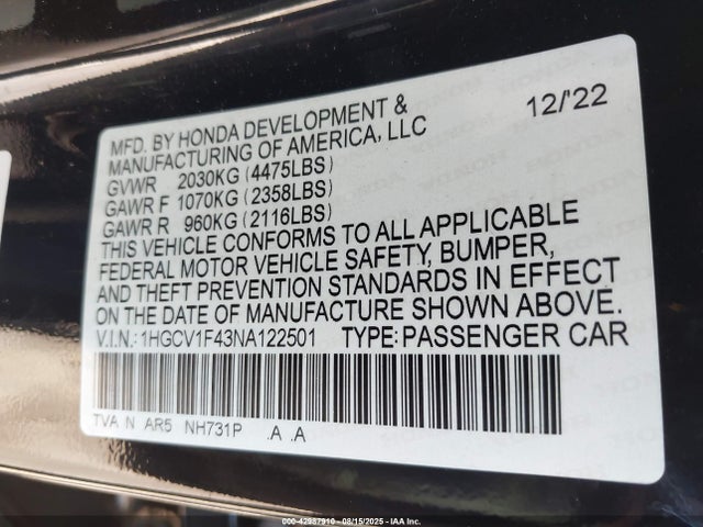 1HGCV1F43NA122501 Honda l15be