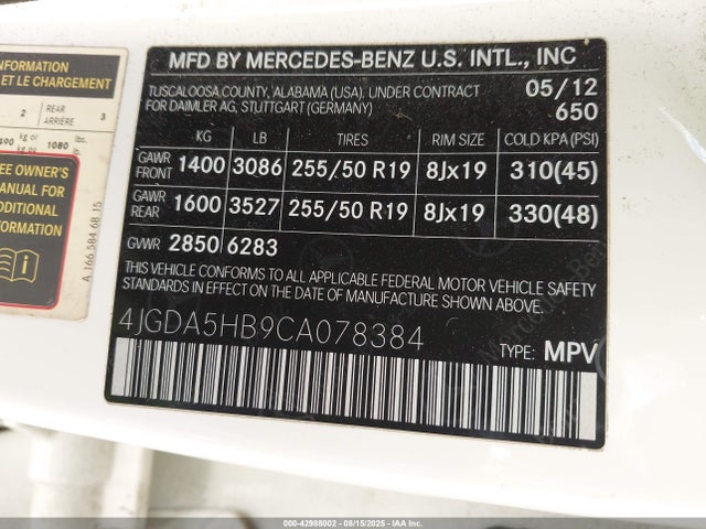 Aukcja sprzedaży 2012 Mercedes-benz Ml 350 4matic, vin: 4JGDA5HB9CA078384, numer aukcji: 42988002