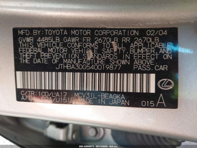 2004 LEXUS ES 330 JTHBA30G540019877 Photo 8