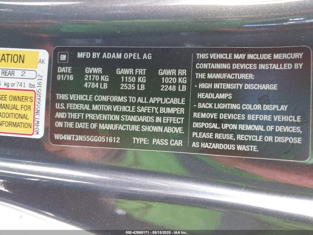 W04WT3N55GG051612 Buick lwc - sidi (spark ignited direct injection), vvt (variable valve timing), ho, fam 1, gen 4, gme