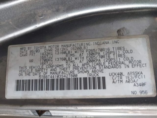 2003 TOYOTA TUNDRA 5TBBT44103S427800 Photo 8