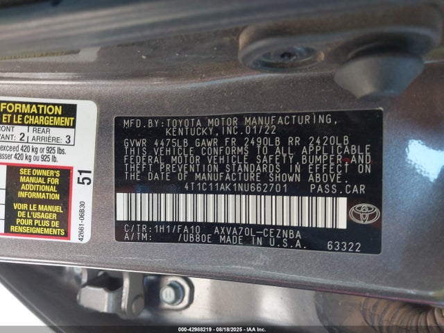 4T1C11AK1NU662701 Toyota a25a-fks