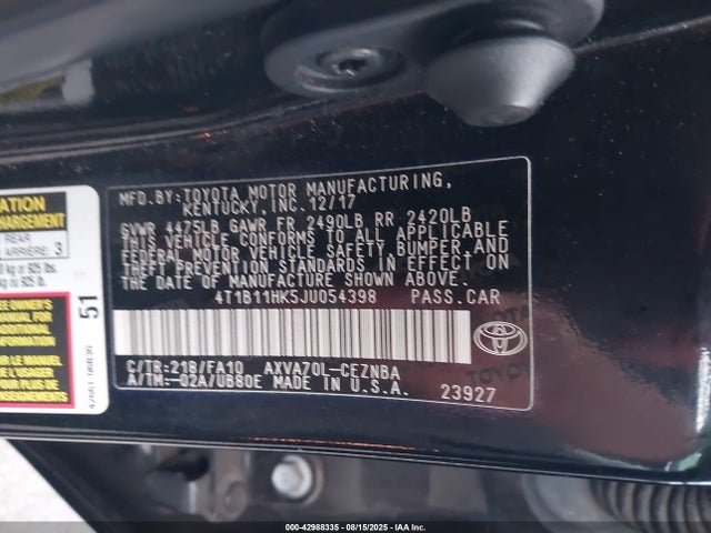 4T1B11HK5JU054398 Toyota a25a-fks