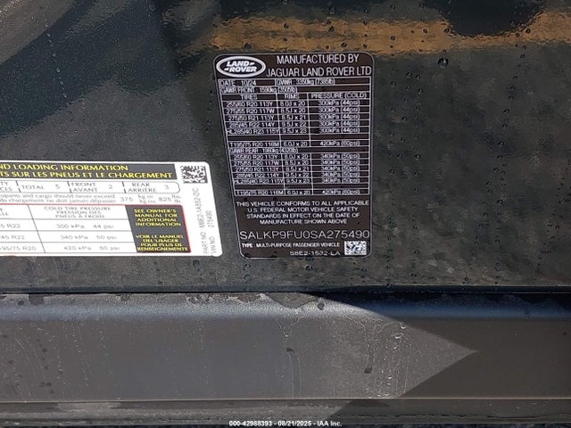 SALKP9FU0SA275490 Land Rover aj120p6h