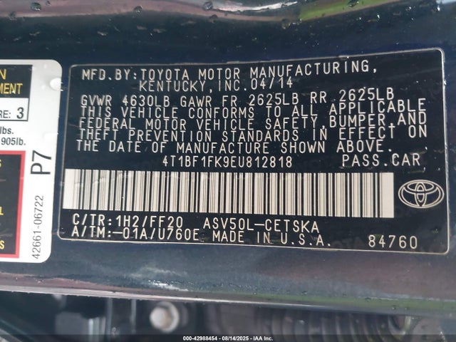 4T1BF1FK9EU812818 Toyota 2ar-fe