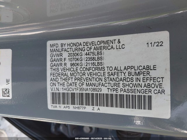1HGCV1F35NA108929 Honda l15be