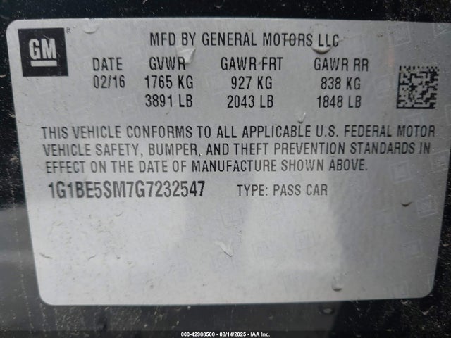 1G1BE5SM7G7232547 Chevrolet le2 - di: direct injection, alum, vvt, gen i, gmna