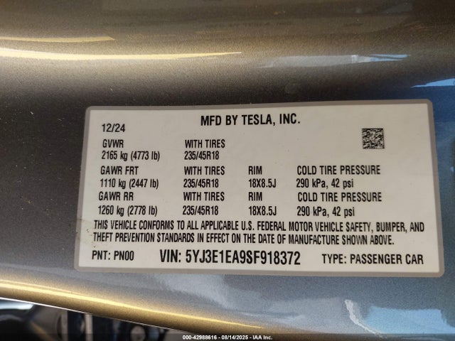 2025 TESLA MODEL 3 5YJ3E1EA9SF918372 Photo 8