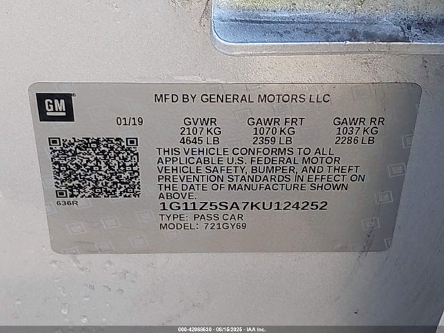 1G11Z5SA7KU124252 Chevrolet lcv - spark ignited direct injection, dcvcp, variable valve timing, e85 max, e0-e100, alum