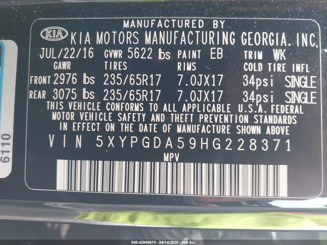 5XYPGDA59HG228371 KIA 2017