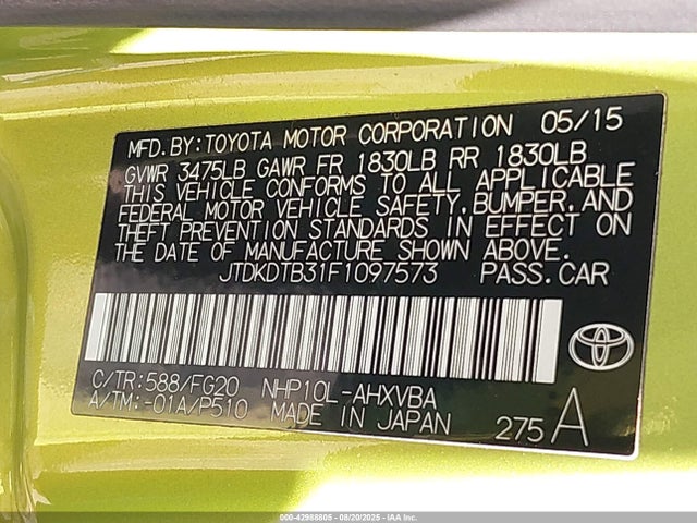 JTDKDTB31F1097573 Toyota 1nz-fxe+1lm