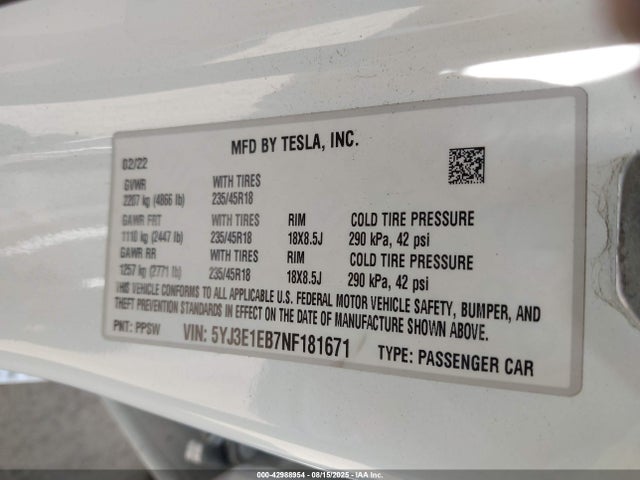 2022 TESLA MODEL 3 5YJ3E1EB7NF181671 Photo 8