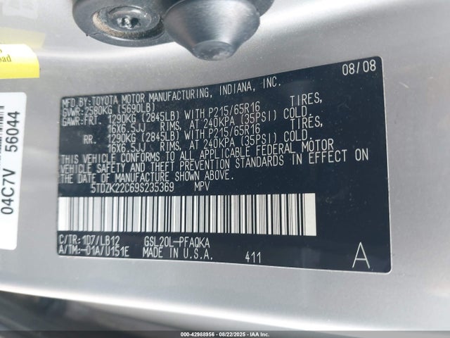 2009 Toyota Sienna Xle მანქანა იყიდება აუქციონზე, vin: 5TDZK22C69S235369, აუქციონის ნომერი: 42988956