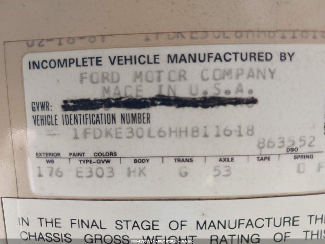 42988971 :رقم المزاد ، 1FDKE30L6HHB11618 vin ، 1987 Ford Econoline E350 Cutaway Van مزاد بيع
