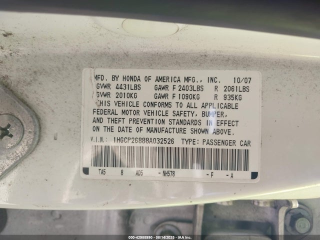 42988990 :رقم المزاد ، 1HGCP26888A032526 vin ، 2008 Honda Accord 2.4 Ex-l مزاد بيع