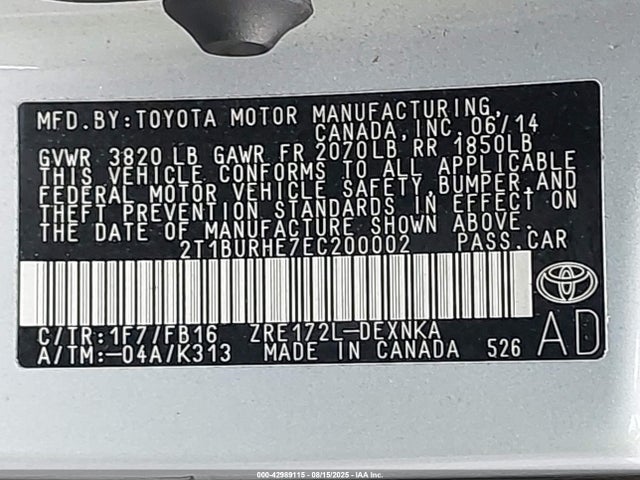 Toyota 2zr-fe 2014 2T1BURHE7EC200002 Image 9