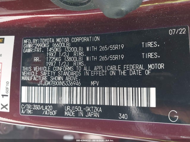 JTJGM7BXXN5336946 Lexus 1ur-fe
