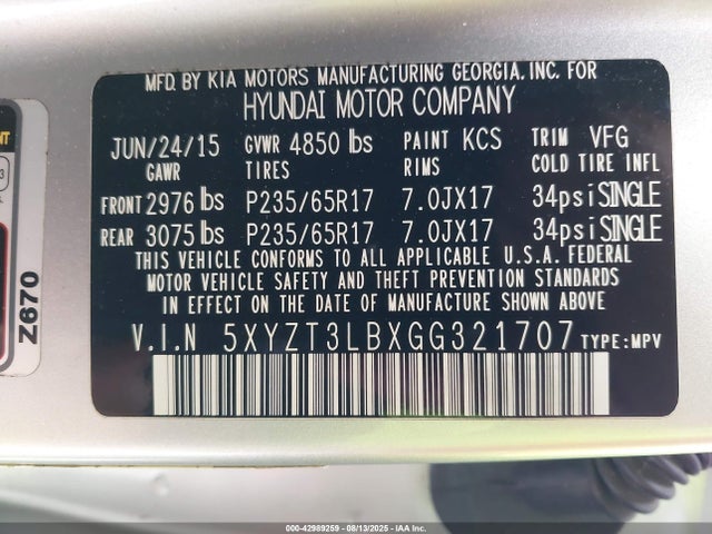 5XYZT3LBXGG321707 Hyundai gdi theta ii