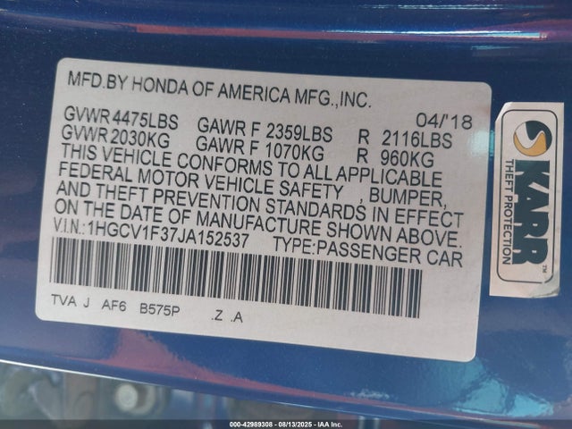 1HGCV1F37JA152537 Honda l15be