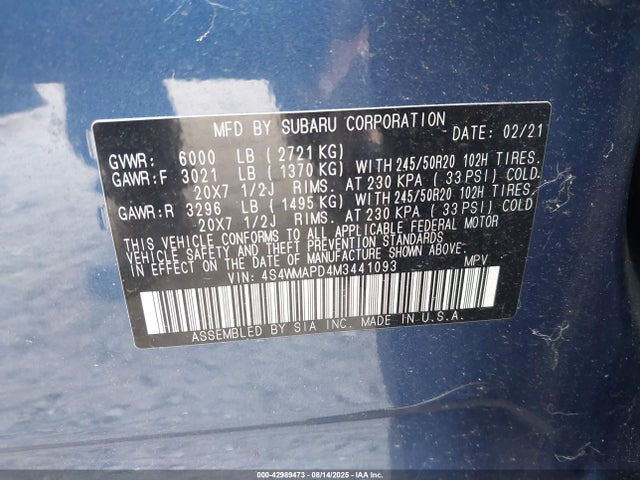 Subaru 2021 2021 4S4WMAPD4M3441093 Image 9