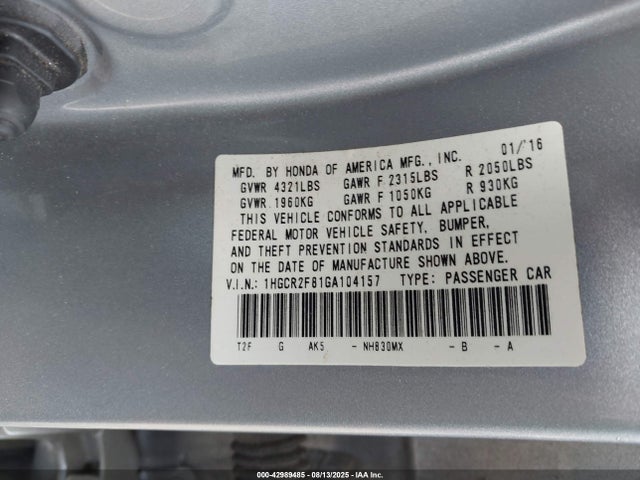 1HGCR2F81GA104157 Honda k24w1