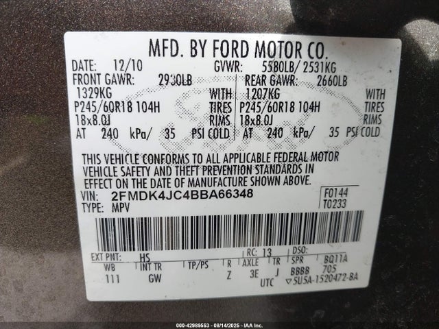 42989553 :رقم المزاد ، 2FMDK4JC4BBA66348 vin ، 2011 Ford Edge Sel مزاد بيع
