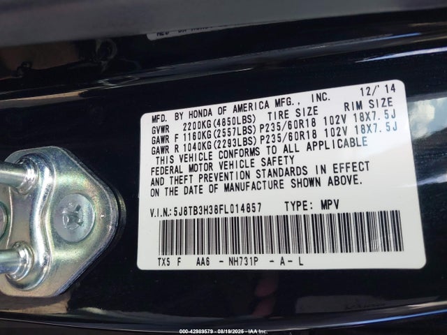 Acura j35z2 2015 5J8TB3H38FL014857 Image 9