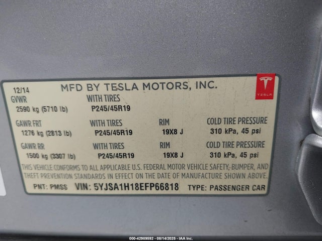 2014 TESLA MODEL S 5YJSA1H18EFP66818 Photo 8